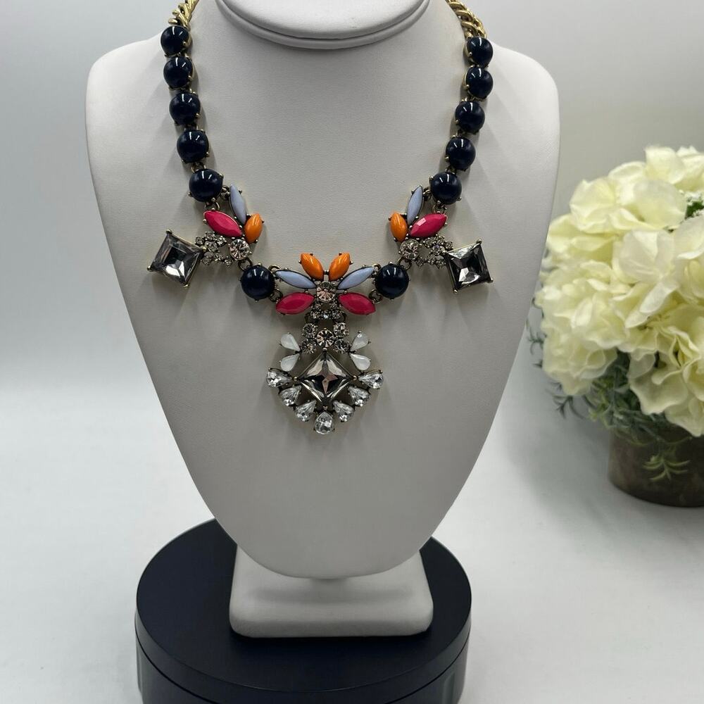 J. Crew Rhinestones Multi Color Flowers Bling Gold Chain Statement Necklace